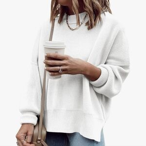 White Ribbed Knit Side Slit Pullover Sweater